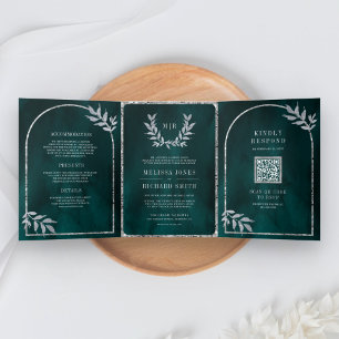 Invitation Trois Volets Feuilles de Laurier Argenté Couronne Mariage Vert
