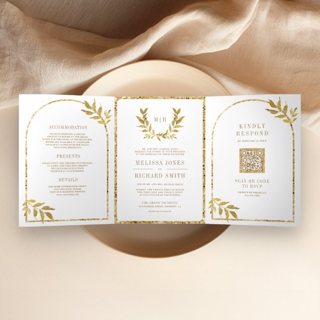 Invitation Trois Volets Feuilles de Laurier en Or pour Mariage Blanc (Créateur téléchargé)