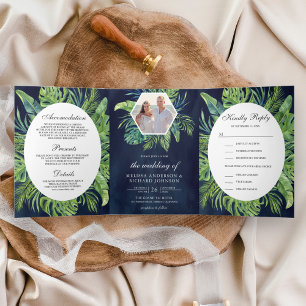 Invitation Trois Volets Feuilles de Palmier Monstera Tropicales Mariage Bl
