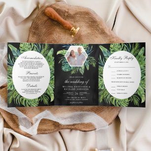 Invitation Trois Volets Feuilles de Palmier Monstera Tropicales Noires Mar
