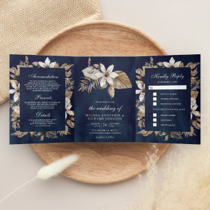 Invitation Trois Volets Feuilles de palmier séchées tropicales Mariage ble