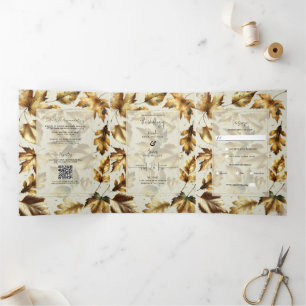 Invitation Trois Volets Feuilles d'or Abricot beige glamour mariage d'auto