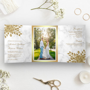 Invitation Trois Volets Feuilles d'or Faux Fleurs Mariage Marbre Blanc