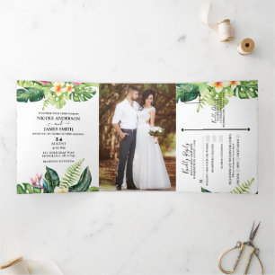 Invitation Trois Volets Feuilles tropicaux & Fleurs Île de Plage Mariage 