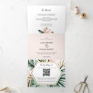 Invitation Trois Volets Feuilles tropicaux Mariage RSVP QR Code Détails Ph