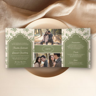 Invitation Trois Volets Feuilles vert olive tout-en-un mariage indien