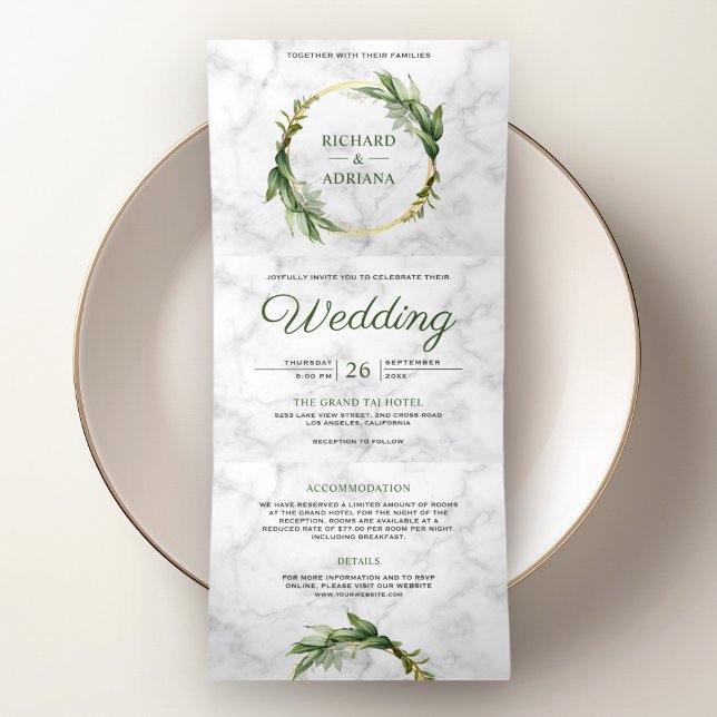 Invitation Trois Volets Feuilles verts botaniques Mariage Marbre blanc de  (Créateur téléchargé)