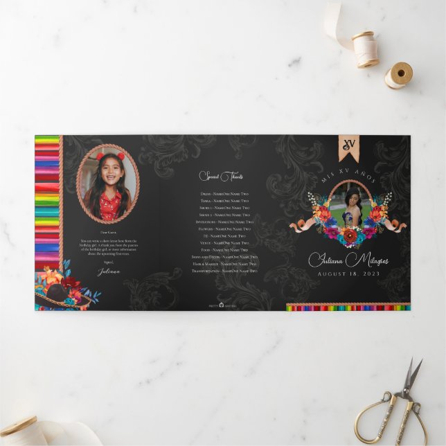 Invitation Trois Volets Fiesta mexicaine Art populaire Floral Charro Quinc (Extérieur)