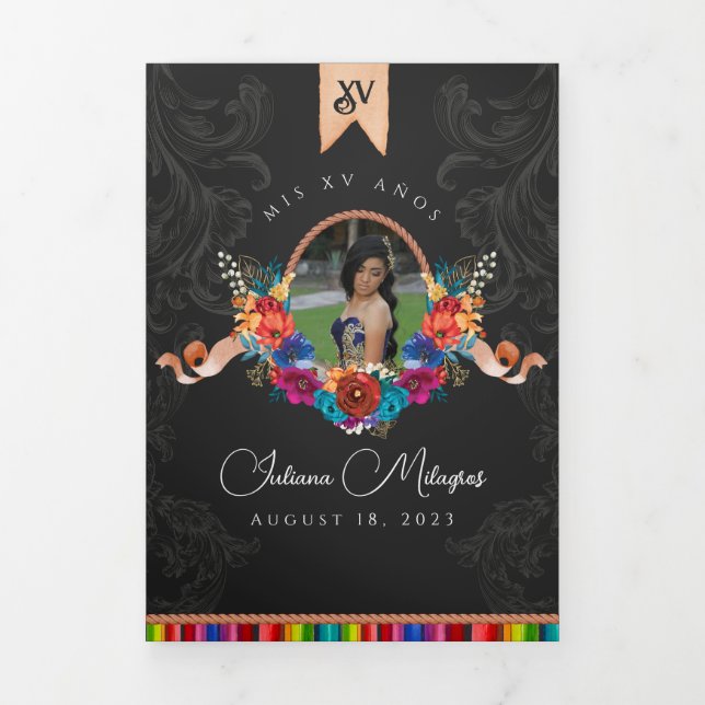 Invitation Trois Volets Fiesta mexicaine Coloré Floral Charro Quinceañera (Page de couverture)