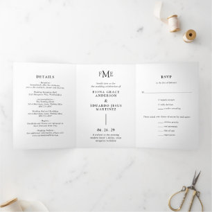 Invitation Trois Volets Fiona Noir et Blanc Monogramme Gras Mariage Modern