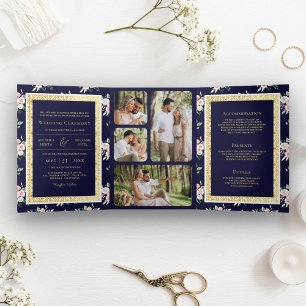 Invitation Trois Volets Fleur bleu foncé tout-en-un mariage indien or