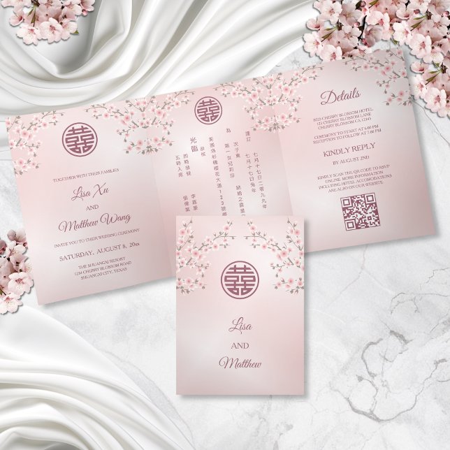 Invitation Trois Volets Fleur de cerisier rose | Bilingue | Mariage chinoi (Créateur téléchargé)