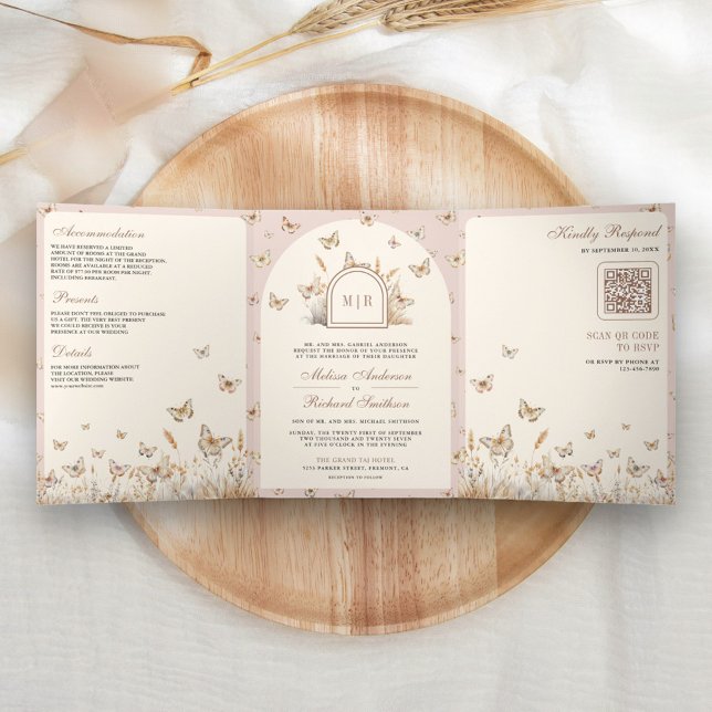 Invitation Trois Volets Fleur sauvage de crème rose pâle  papillon Mariage (Créateur téléchargé)