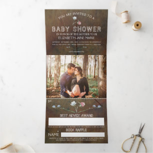 Invitation Trois Volets Fleur sauvage en chêne, suite Baby shower