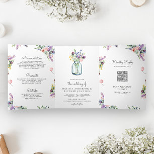 Invitation Trois Volets Fleur sauvage Mason Jar All in One QR Code Mariage