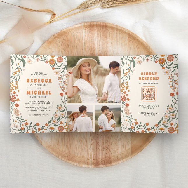 Invitation Trois Volets Fleur sauvage Super tout en un Mariage (Créateur téléchargé)