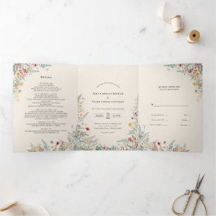 Invitation Trois Volets Fleur sauvage vintage Fern Mariage beige