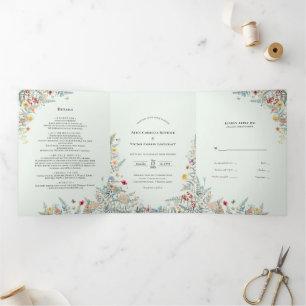 Invitation Trois Volets Fleur sauvage vintage Fern Mint Green Mariage