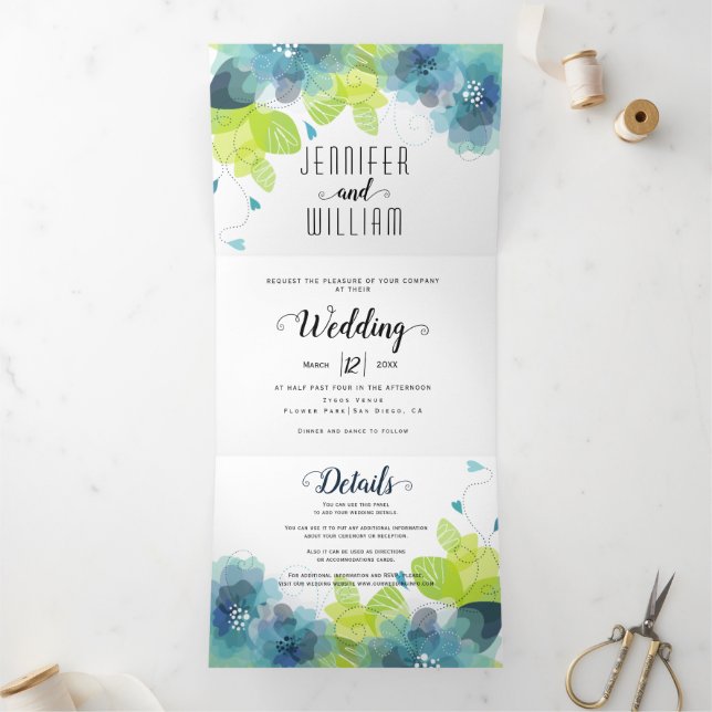 Invitation Trois Volets Fleurs bleues modernes, typographie mariage floral (Intérieur)