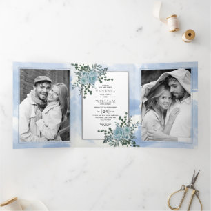 Invitation Trois Volets Fleurs bleues poussiéreuses, mariage d'hiver flora