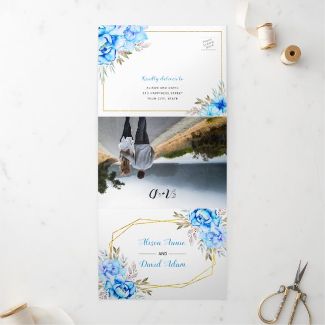 Invitation Trois Volets Fleurs d'aquarelle bleu Aqua avec mariage RSVP (Extérieur)