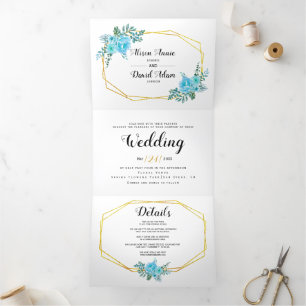 Invitation Trois Volets Fleurs d'aquarelle bleue, typographie mariage flor