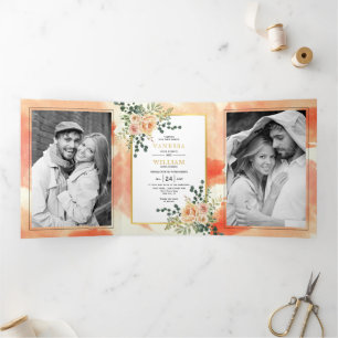 Invitation Trois Volets Fleurs de pêche de corail, mariage d'hiver floral 
