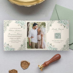 Invitation Trois Volets Fleurs de roses vert sauge en dentelle florale Cod
