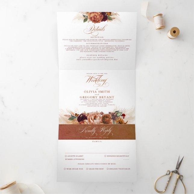 Invitation Trois Volets Fleurs de terre cuite rouille et Mariage de laiton (Intérieur)