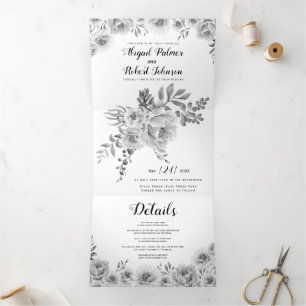 Invitation Trois Volets Fleurs d'eau gris, noir et blanc mariage