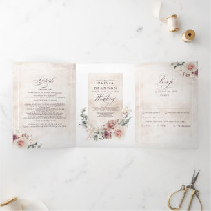 Invitation Trois Volets Fleurs d'ombre Terre Élégant Mariage Boho