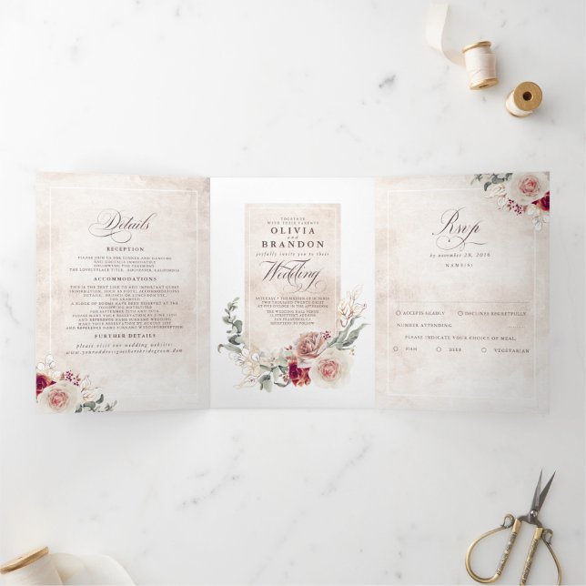 Invitation Trois Volets Fleurs d'ombre Terre Élégant Mariage Boho (Intérieur)