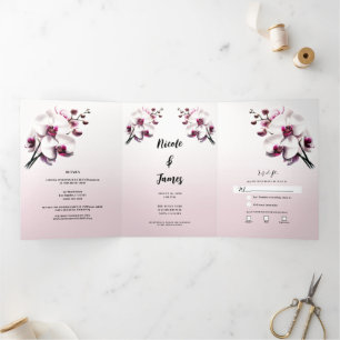 Invitation Trois Volets Fleurs d'orchidées roses et blanches pour mariage