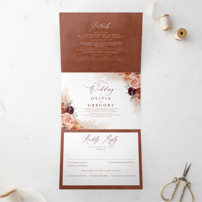 Invitation Trois Volets Fleurs en terre cuite et Mariage exotique en laito (Intérieur)
