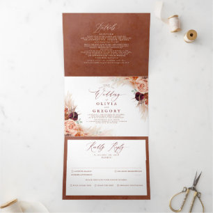 Invitation Trois Volets Fleurs en terre cuite Pampas Mariage en herbe
