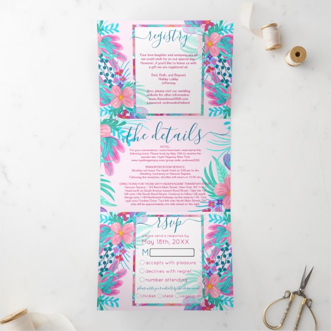 Invitation Trois Volets Fleurs peintes rose Turquoise Détail du registre R (Intérieur)