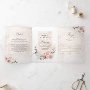 Invitation Trois Volets Fleurs roses Terre Élégant Mariage Boho