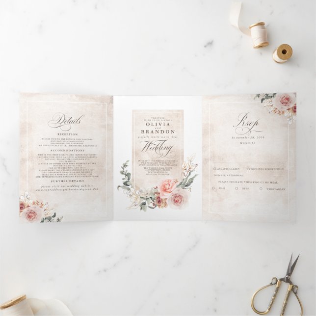 Invitation Trois Volets Fleurs roses Terre Élégant Mariage Boho (Intérieur)