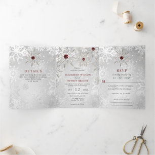 Invitation Trois Volets Flocons de neige rouges argentés Mariage de Noël d