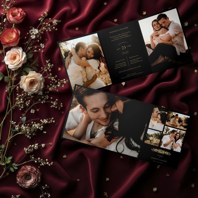 Invitation Trois Volets Floral Black Trendy Collage Wedding 7 Photos  (Floral Black Trendy & Stylish Collage Wedding 7 Photos Tri-Fold Invitations Cards. )