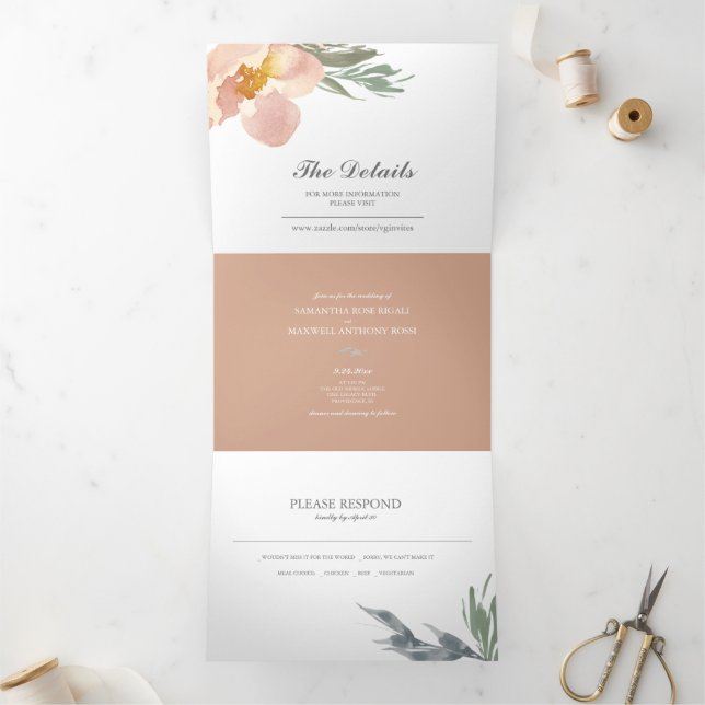Invitation Trois Volets Floral et verdure Tout en un mariage Inviter (Intérieur)