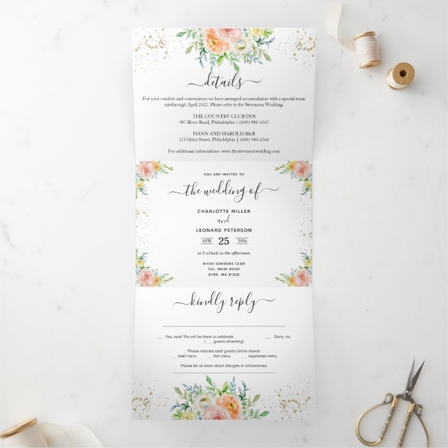 Invitation Trois Volets Flore floue et Mariage or (Intérieur)