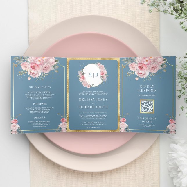 Invitation Trois Volets Flore rose pâle bleu foncé tout en un Mariage (Créateur téléchargé)