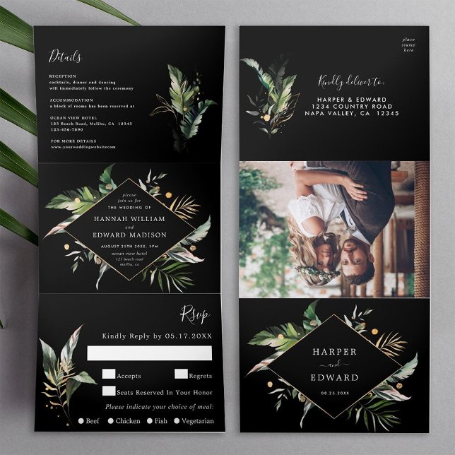 Invitation Trois Volets Foliage Tropical Sauvage Mariage Noir Tout en un (Inside & Outside)