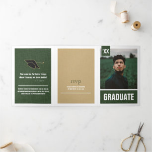 Invitation Trois Volets Forest Green Modern Textured Photo Graduation