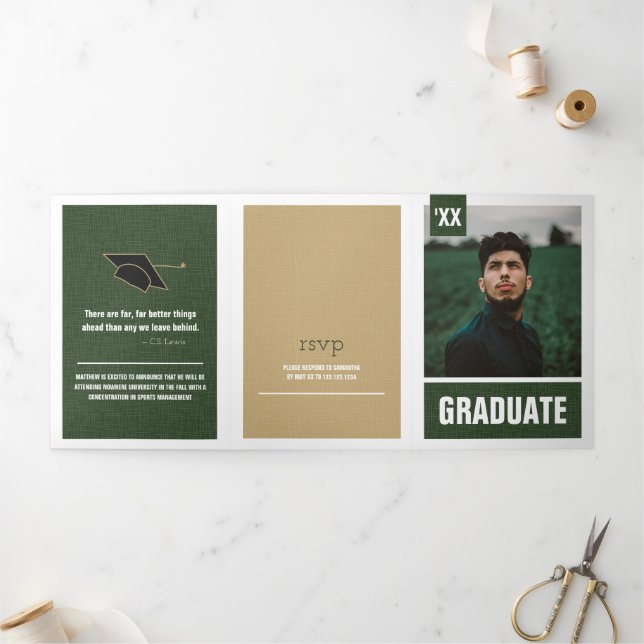 Invitation Trois Volets Forest Green Modern Textured Photo Graduation (Extérieur)