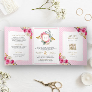 Invitation Trois Volets Fuchsia Rose Florale Roses Tout en Un Crest Mariag
