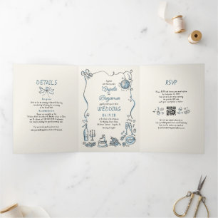 Invitation Trois Volets Funky Whimsical dessiné à la main photo Mariage mo