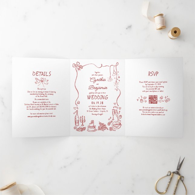 Invitation Trois Volets Funky Whimsical Doodles Modern Red Wedding Photo (Intérieur)