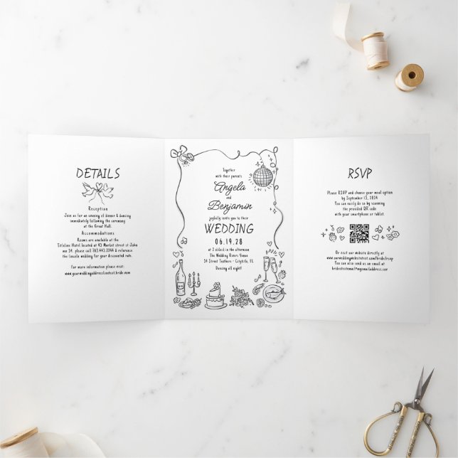 Invitation Trois Volets Funky Whimsical Doodles Retro Mariage Photo (Intérieur)